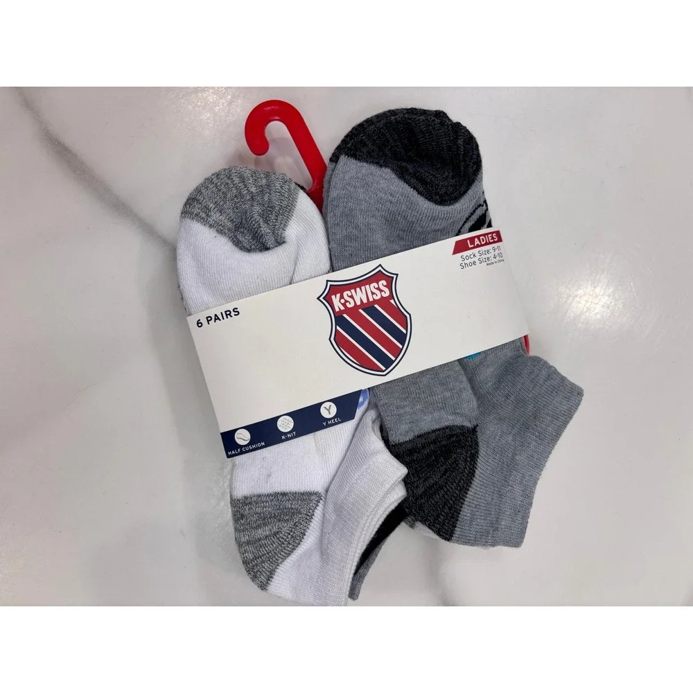 K-Swiss Ladies Socks 6 Pair Pack White Grey Black Shoe Size 4-10